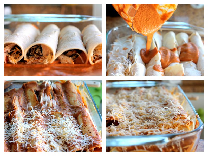 four panel collage making pumpkin enchiladas