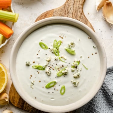 healthy bleu cheese dip in a bowl