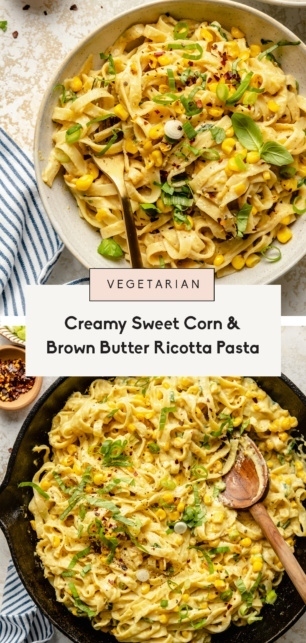 collage of brown butter corn pasta