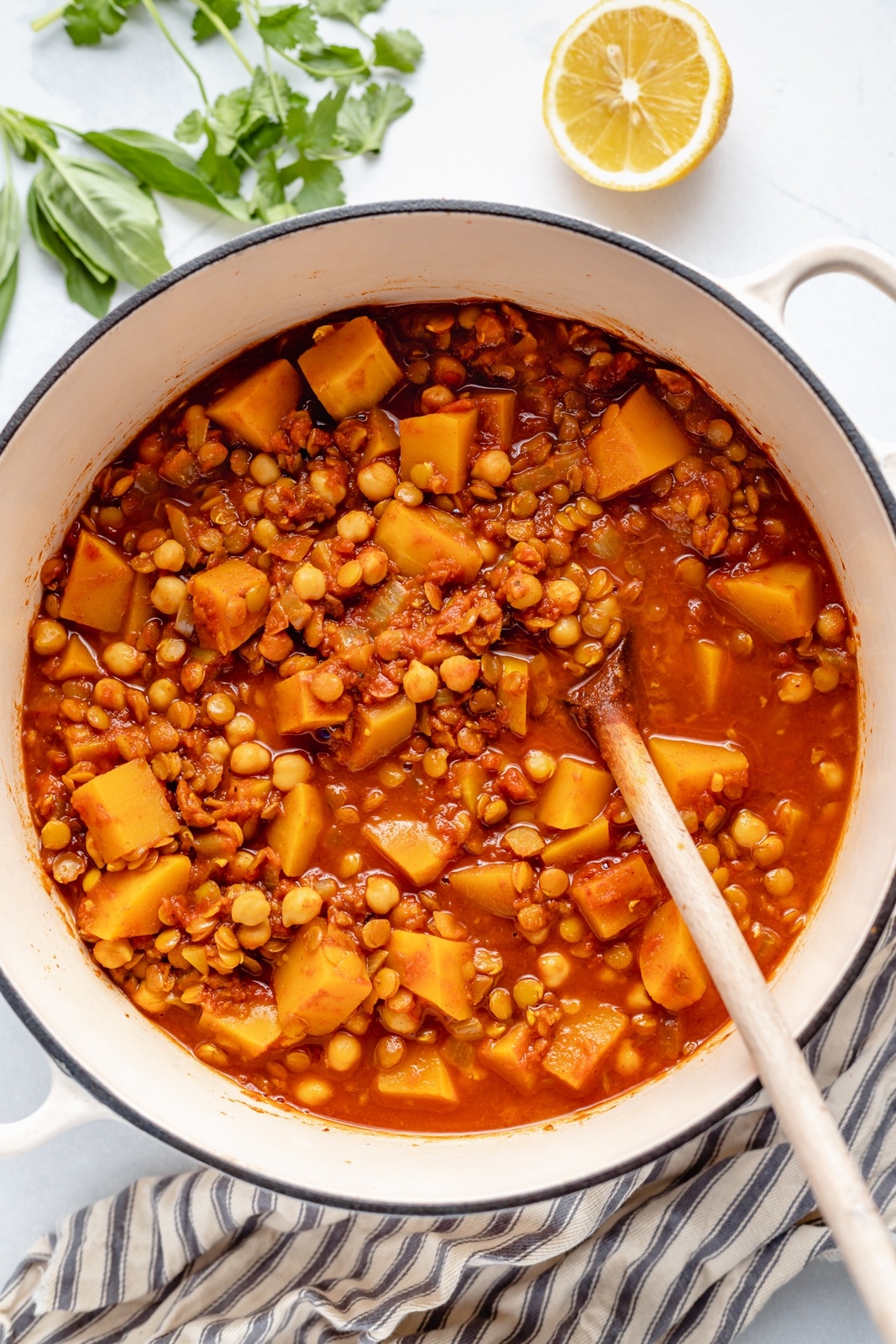 butternut squash lentil moroccan stew in a pot