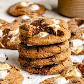 chocolate marshmallow ginger cookies in a stack