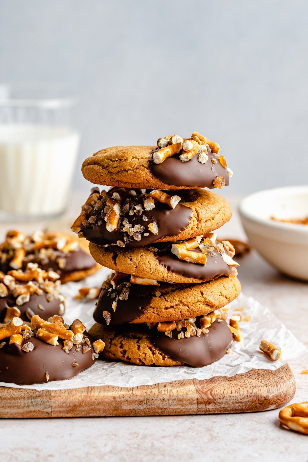 chocolate-dipped peanut butter cookies in a stack