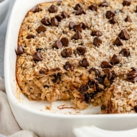 banana baked oatmeal in a baking dish