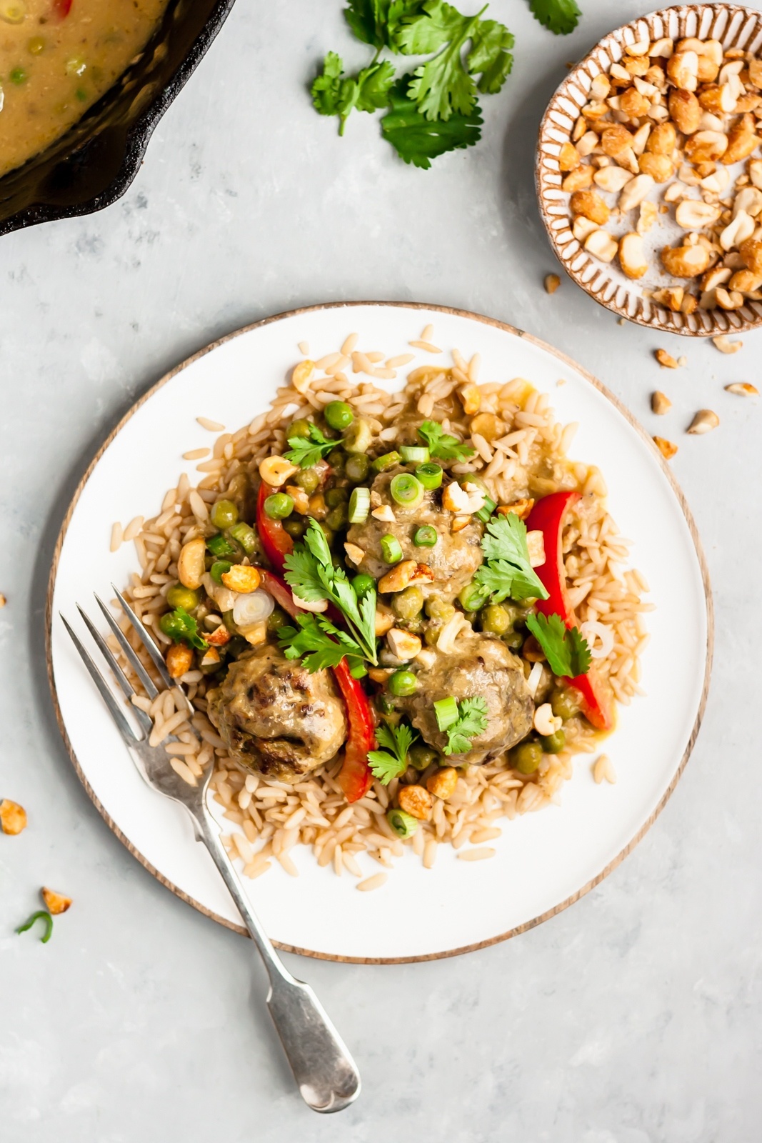 cilantro chicken meatballs with mango coconut sauce with rice on a plate