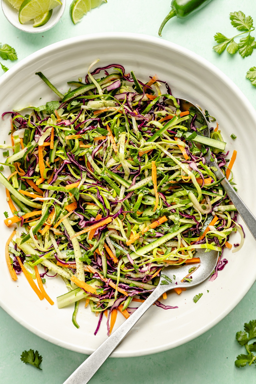 cucumber jalapeño cabbage slaw in a bowl