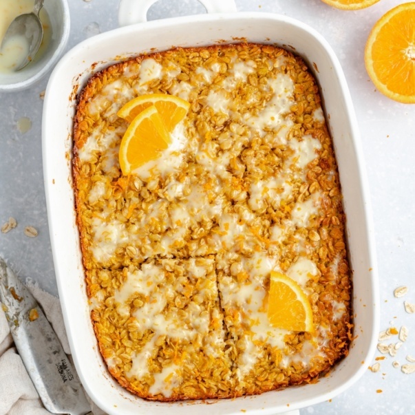 orange baked oatmeal in a baking dish