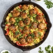 firecracker chicken meatballs and rice in a pan