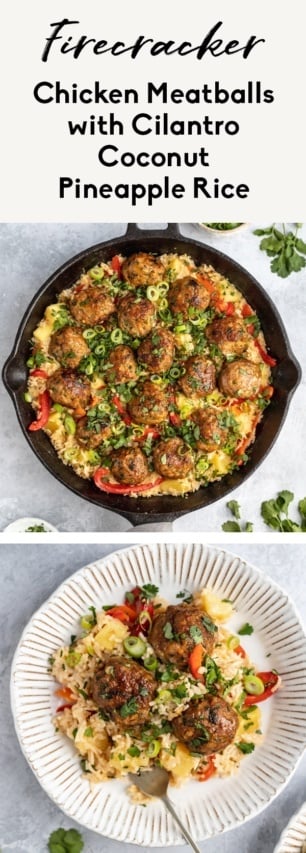 collage of healthy firecracker chicken meatballs and rice