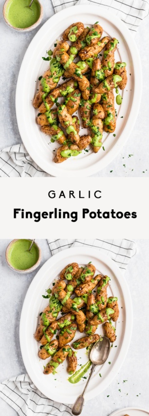 collage of roasted garlic fingerling potatoes