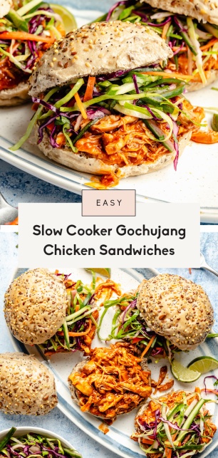 collage of slow cooker gochujang chicken sandwiches