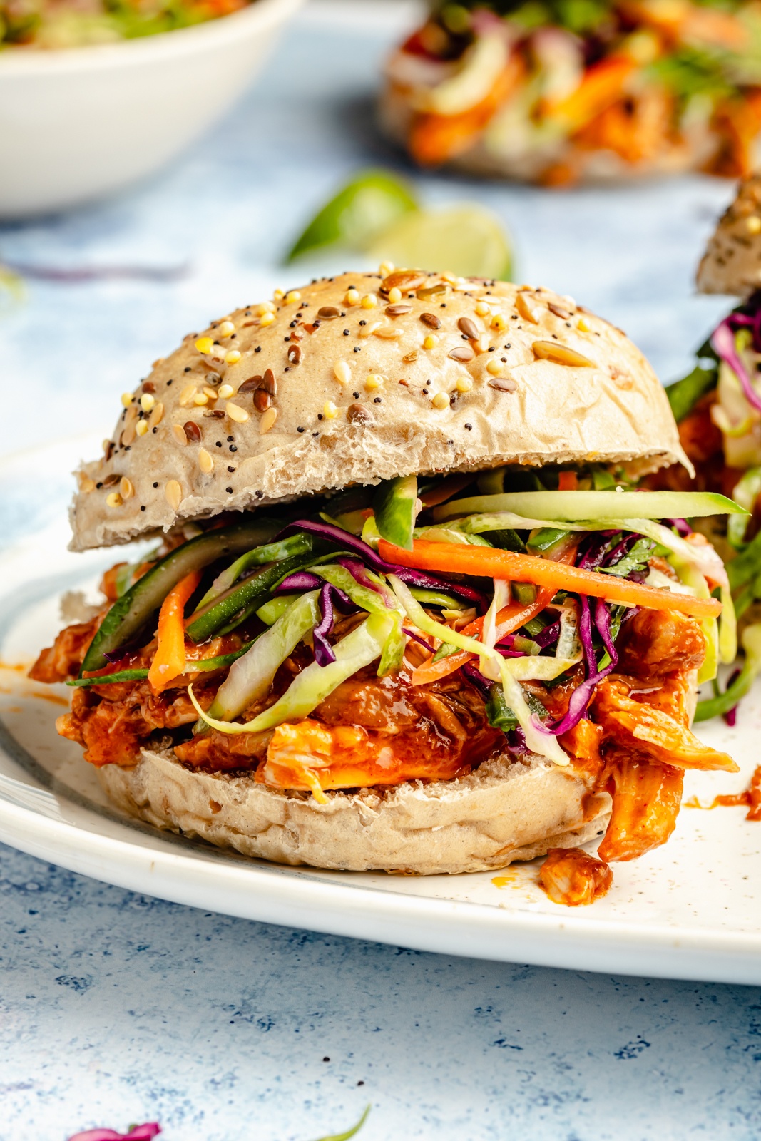 gochujang chicken sandwich on a platter