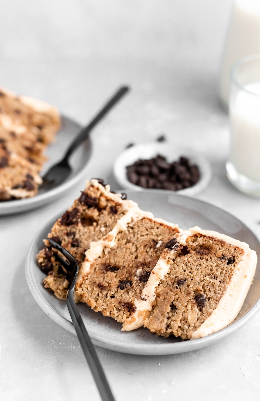 slice of gluten free peanut butter banana cake on a plate