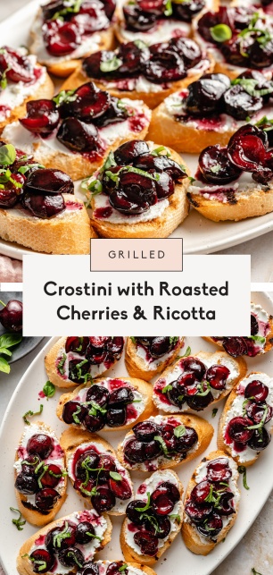 collage of a grilled crostini with roasted cherries