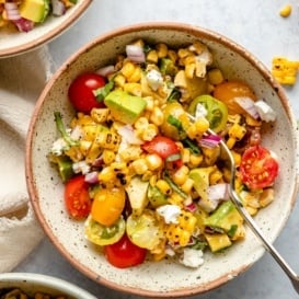 grilled corn salad in a bowl