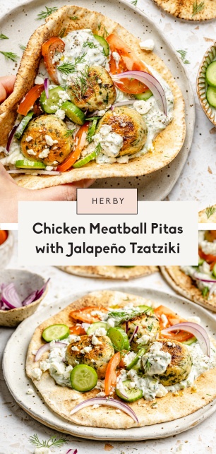 collage of herby chicken meatball pitas