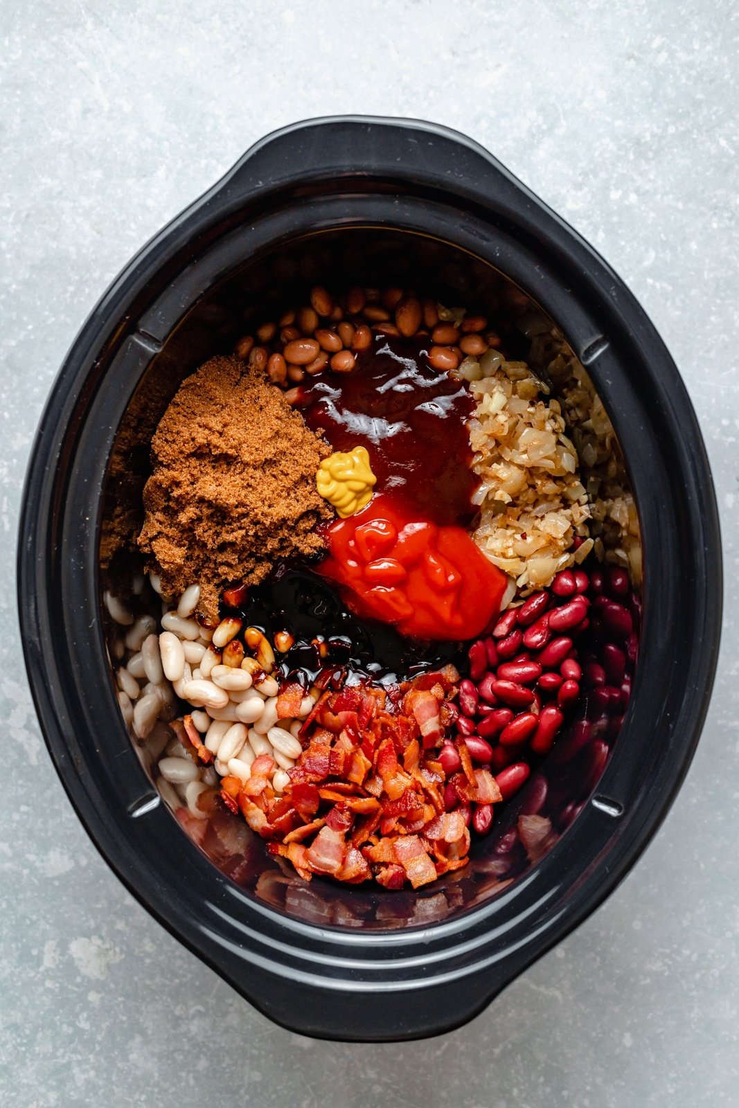 ingredients for homemade baked beans in a crockpot