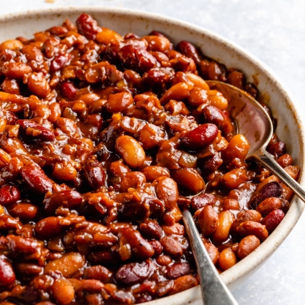 slow cooker baked beans in a bowl