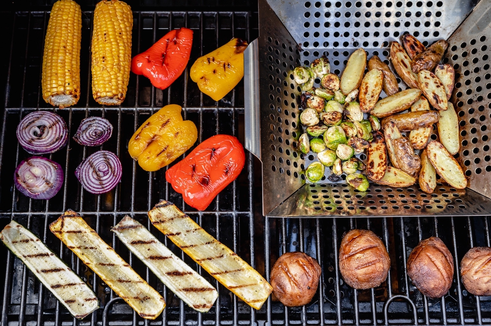 grilling vegetables directly on a grill and in a grill basket