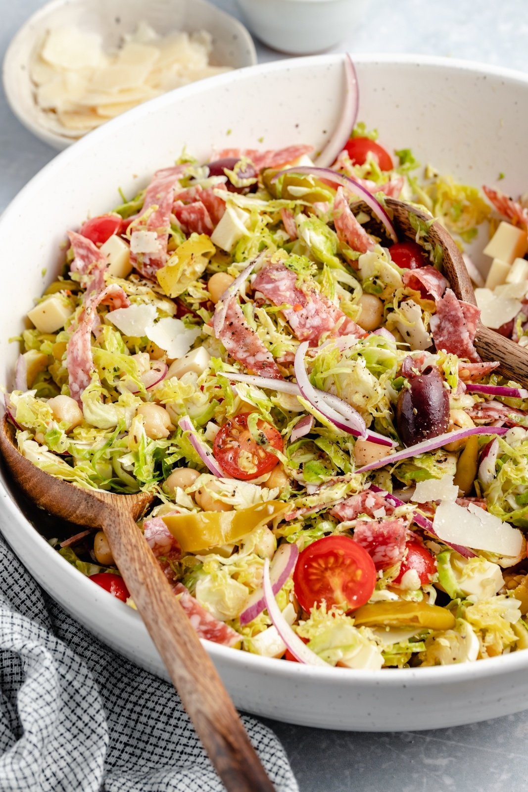 italian chopped brussels sprouts salad in a bowl