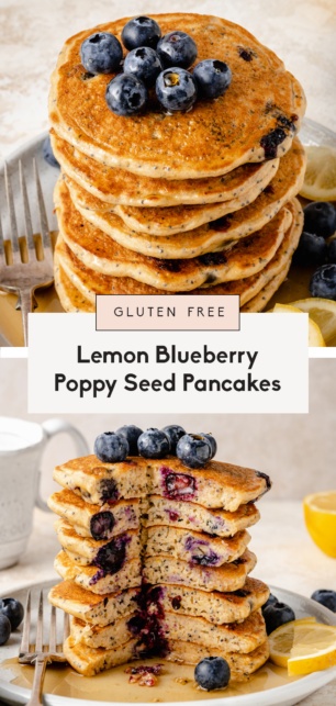 collage of lemon blueberry pancakes