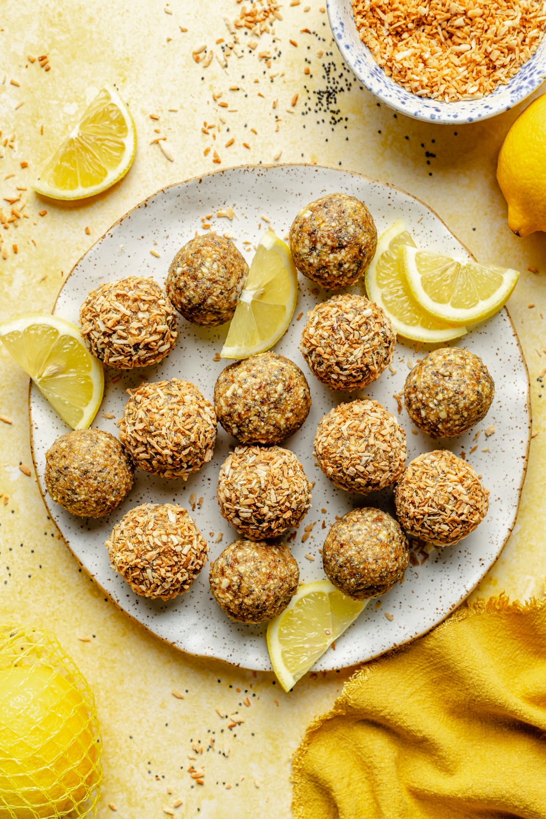 lemon poppy seed energy bites on a plate