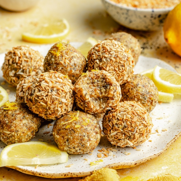 lemon poppy seed energy bites on a plate