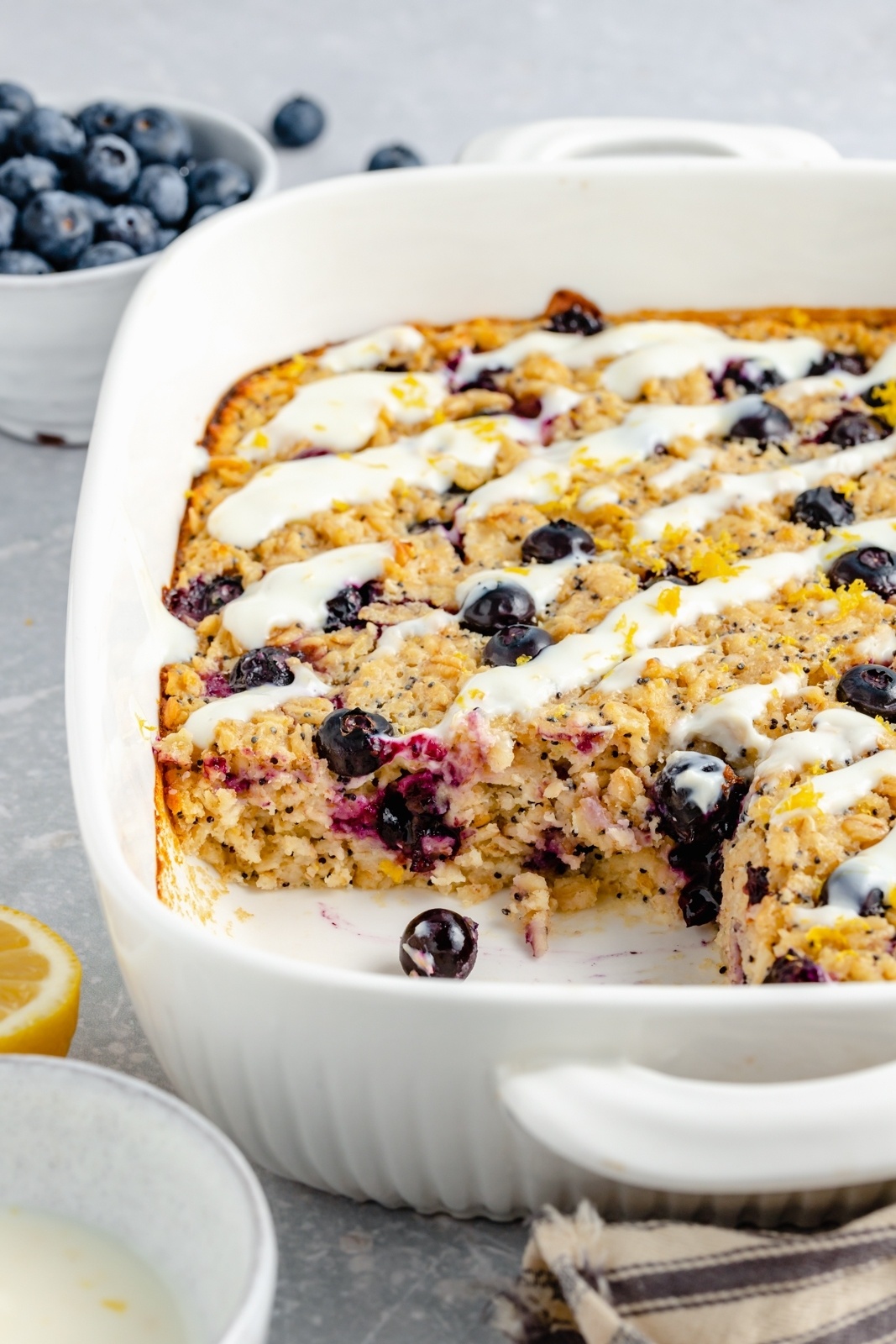 lemon blueberry baked oatmeal in a baking dish