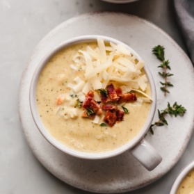 healthy broccoli cheddar soup in a bowl