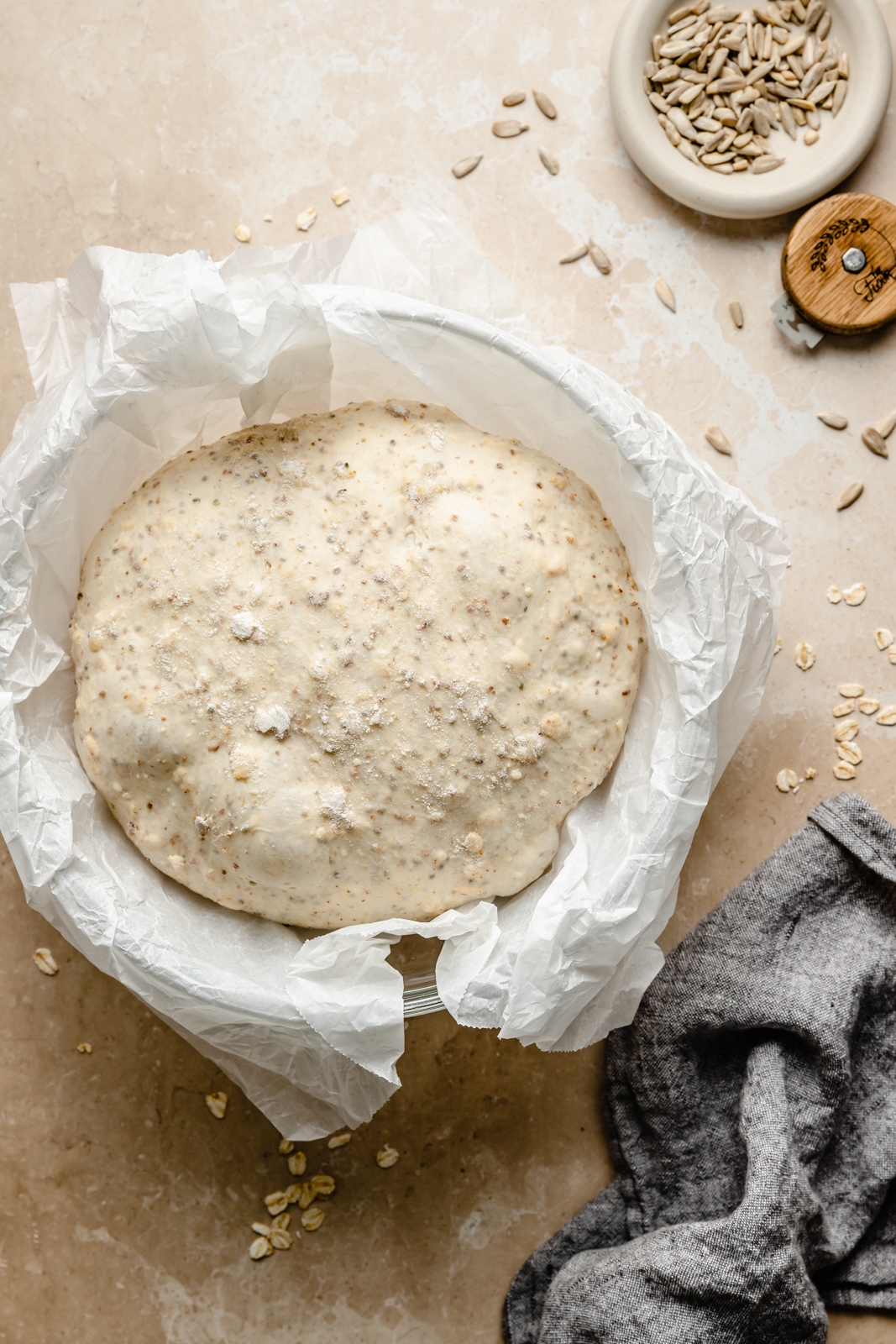 unbaked oatmeal artisan bread down in a bowl