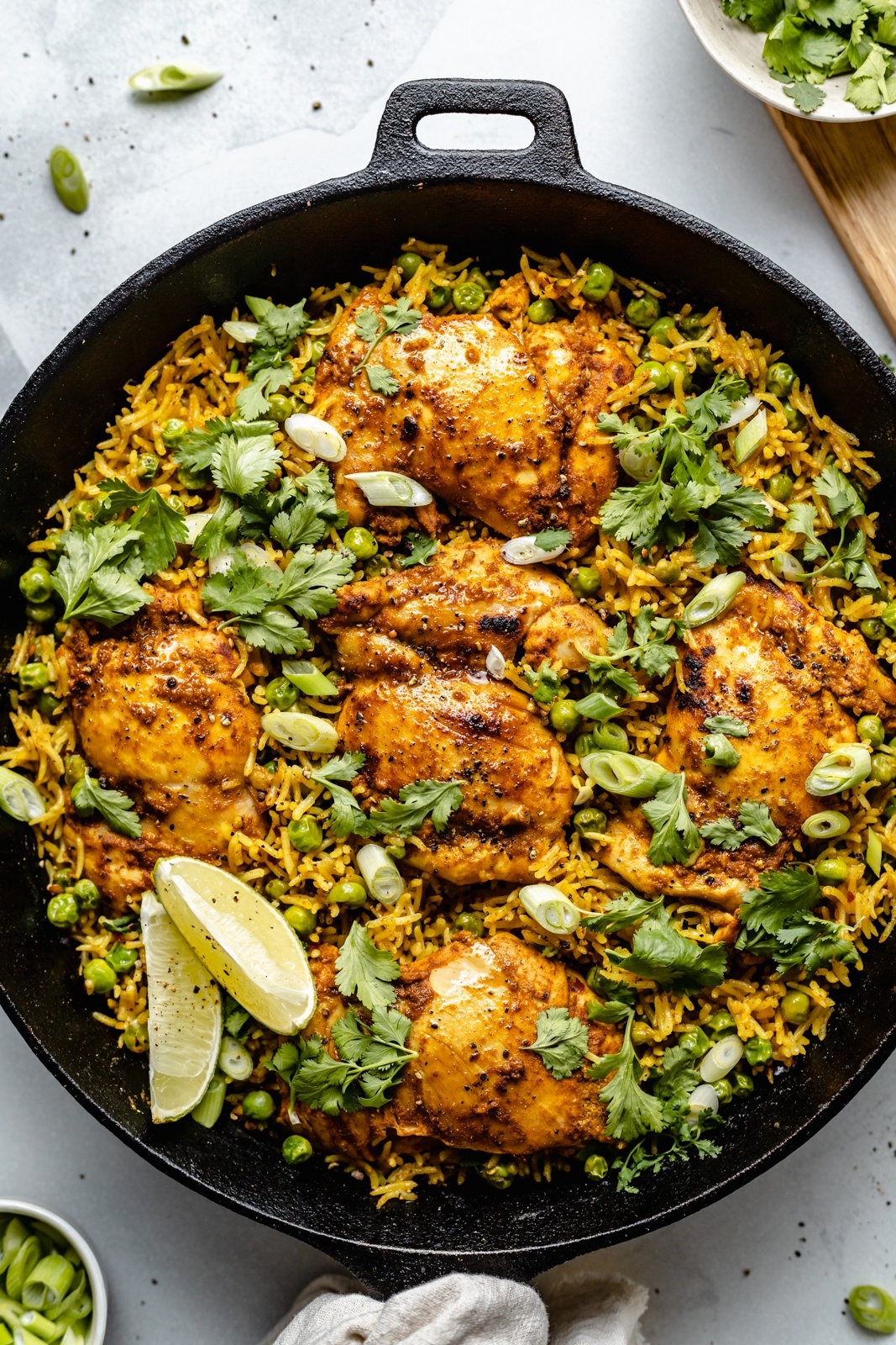 one pan tandoori chicken and rice in a skillet