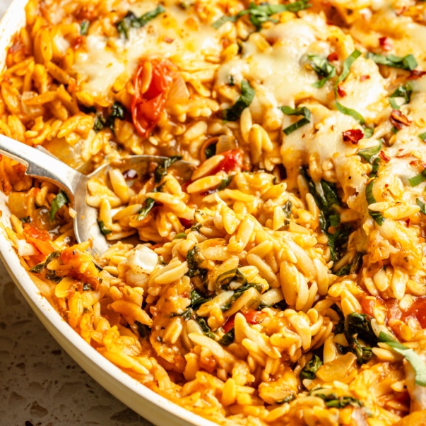 tomato baked orzo in a skillet