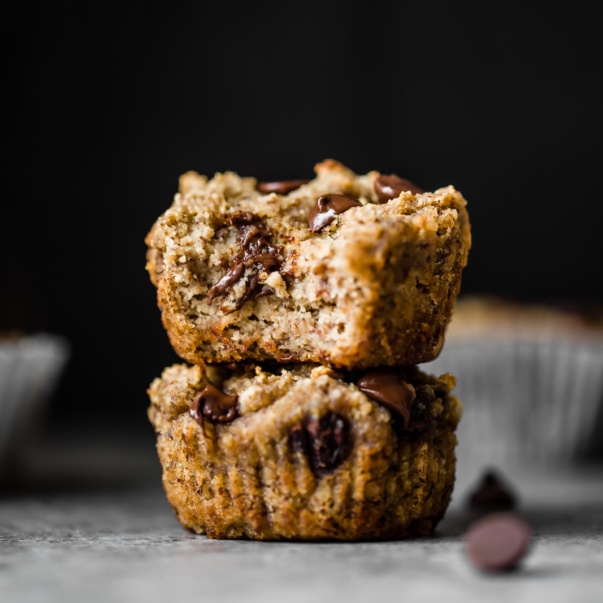 two vegan paleo banana muffins in a stack