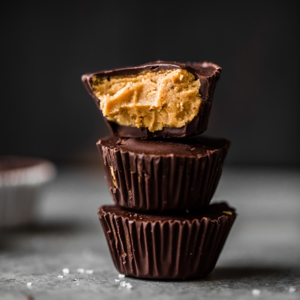 Homemade healthy peanut butter cups in a stack