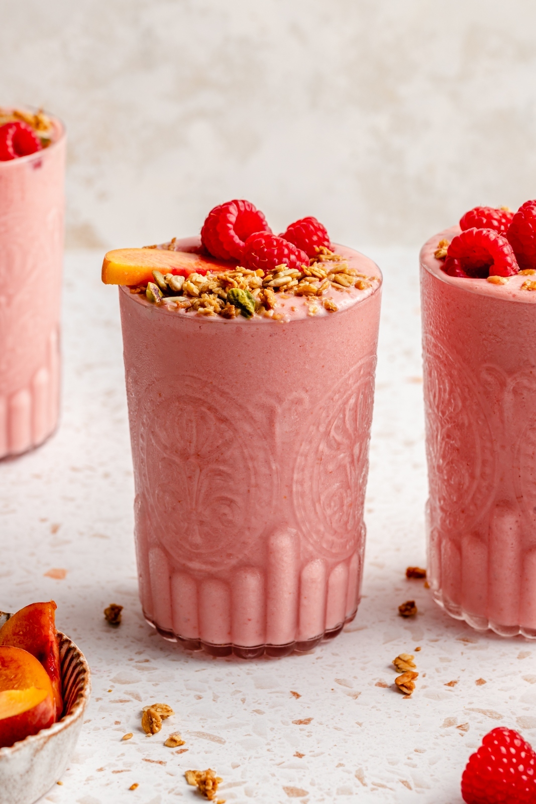 healthy peach smoothie recipe in two glasses