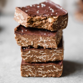 chocolate protein bars in a stack