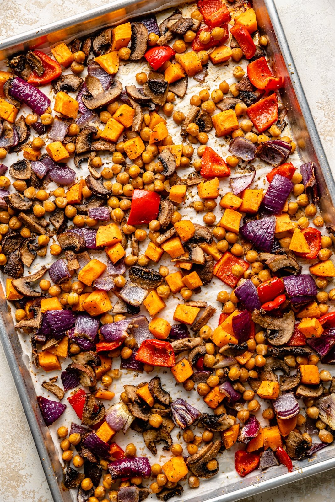 roasted vegetables on a baking sheet