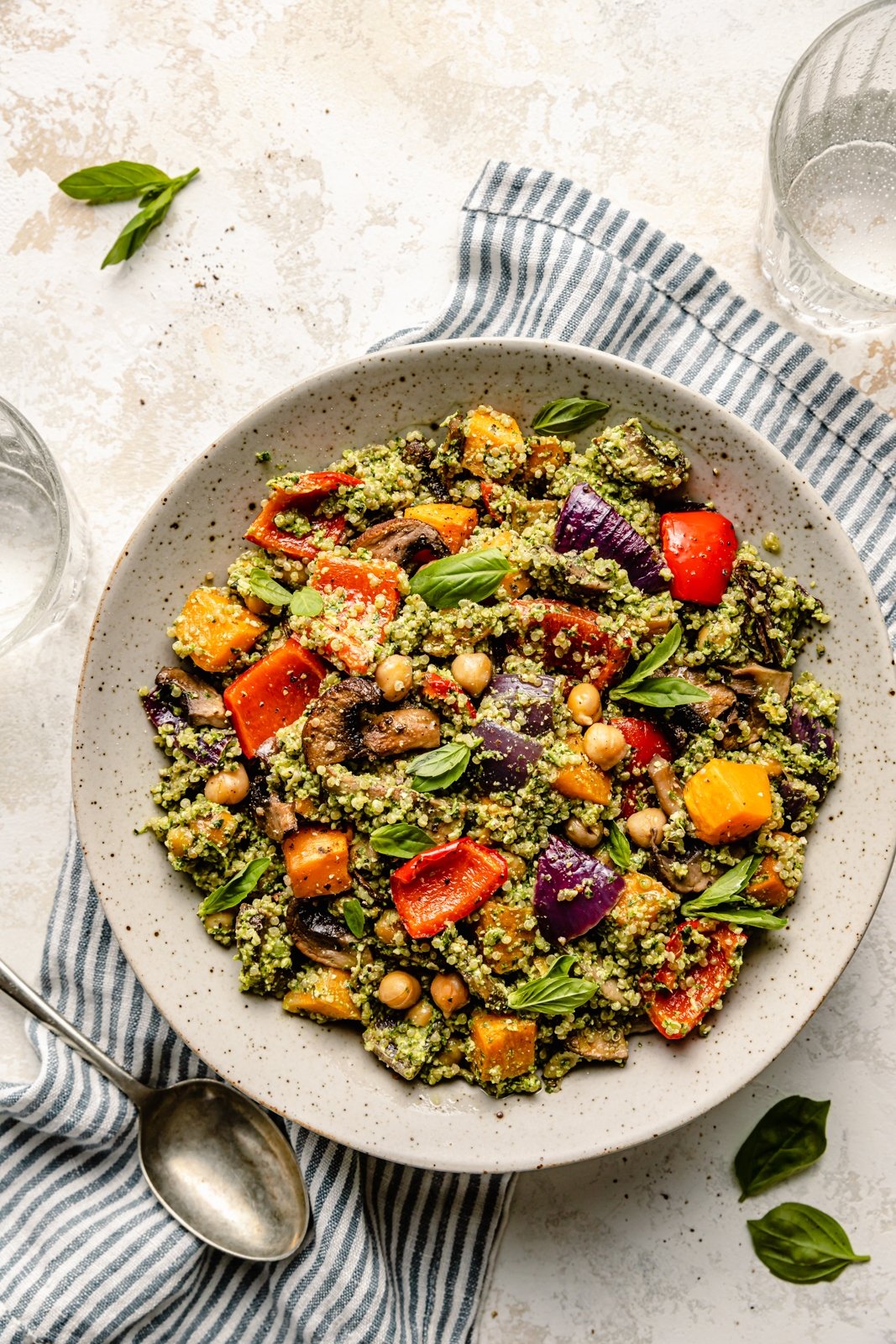 roasted vegetable quinoa salad in a bowl