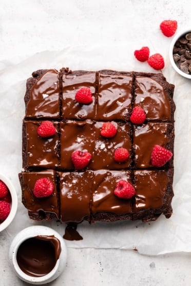 chocolate zucchini cake topped with raspberries