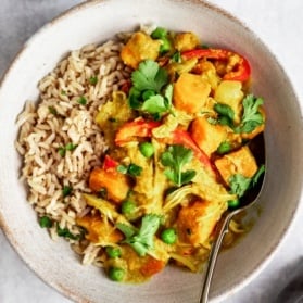 slow cooker yellow chicken curry in a bowl