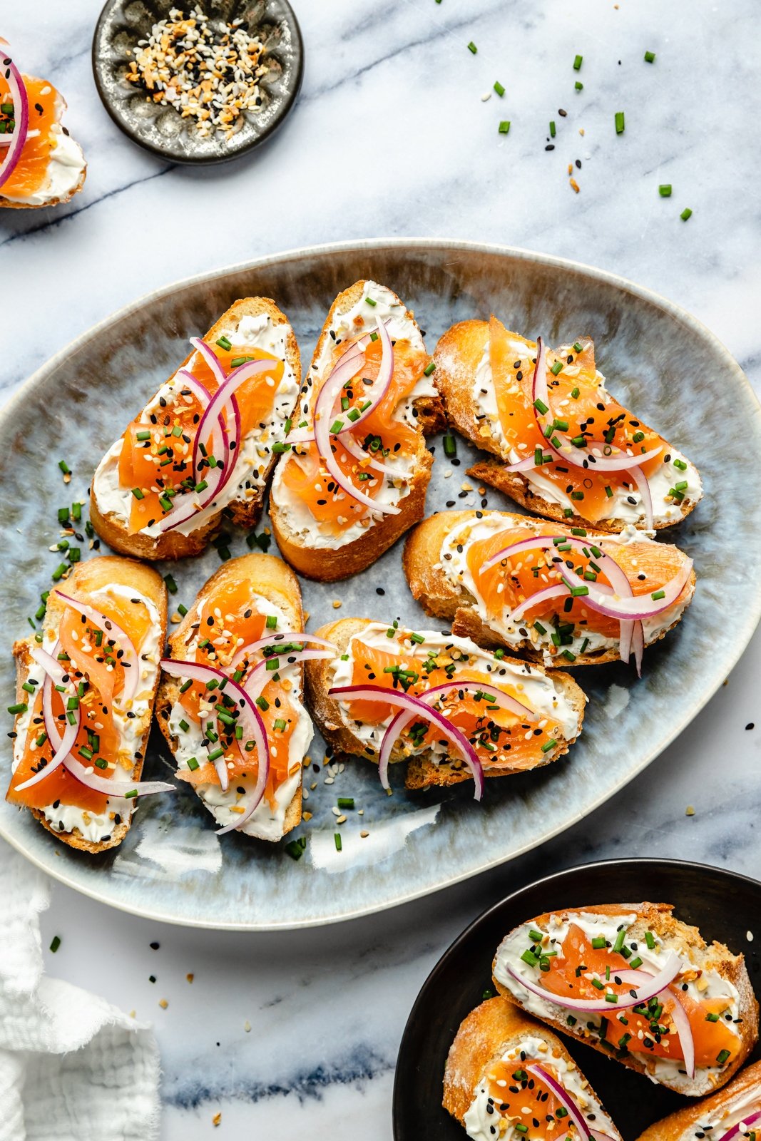 smoked salmon crostini on a platter