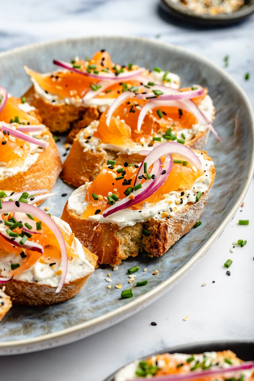 smoked salmon crostini on a plate