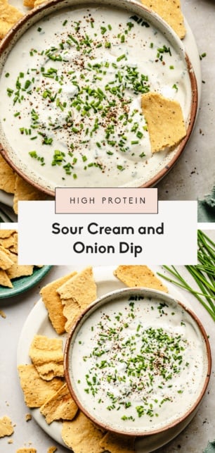 collage of healthy sour cream and onion dip