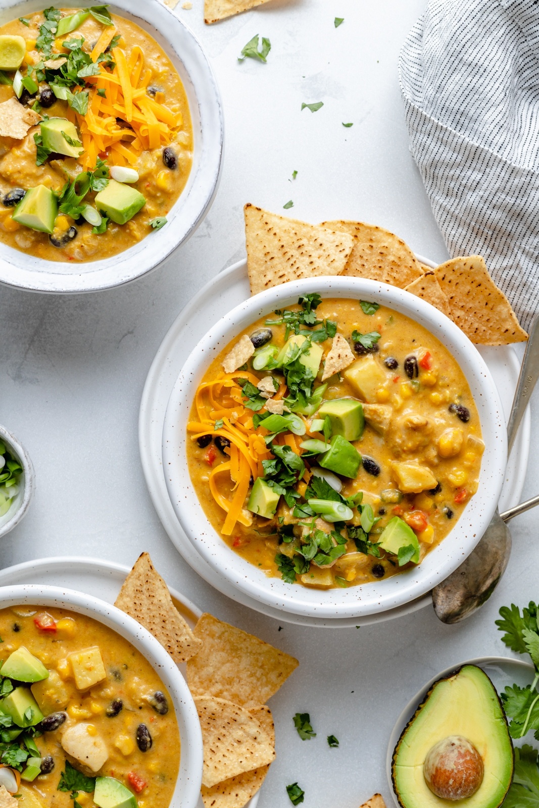 bowls of healthy southwest corn chowder with tortilla chips