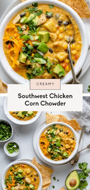 collage of healthy chicken corn chowder