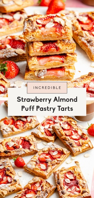 collage of strawberry almond puff pastry tarts