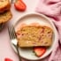 slice of healthy strawberry bread on a plate with a fork