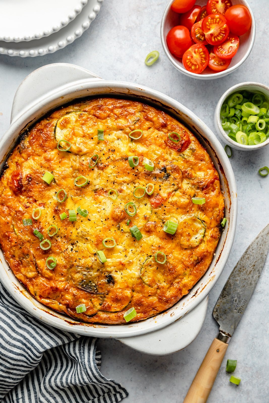 low carb zucchini pie in a baking dish