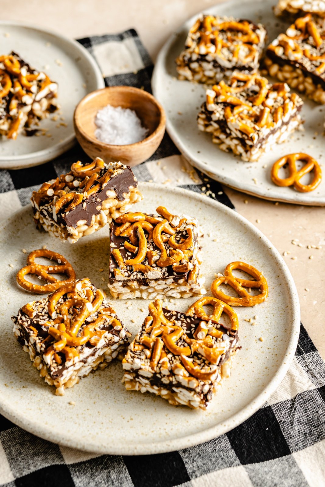 chocolate tahini rice krispie treats on plates