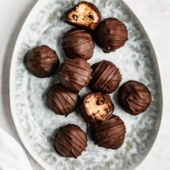 tahini chocolate chip cookie dough bites on a platter