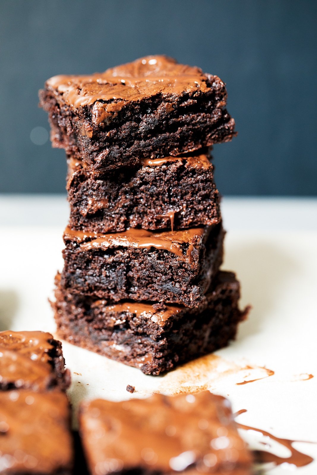 tahini brownies in a stack